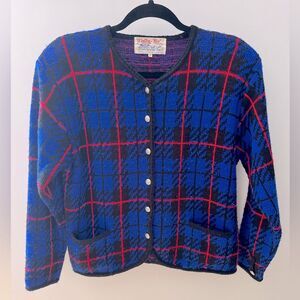 Preppy Vintage Tally Ho Creation Blue Black Red Plaid Cardigan w/ Pockets M